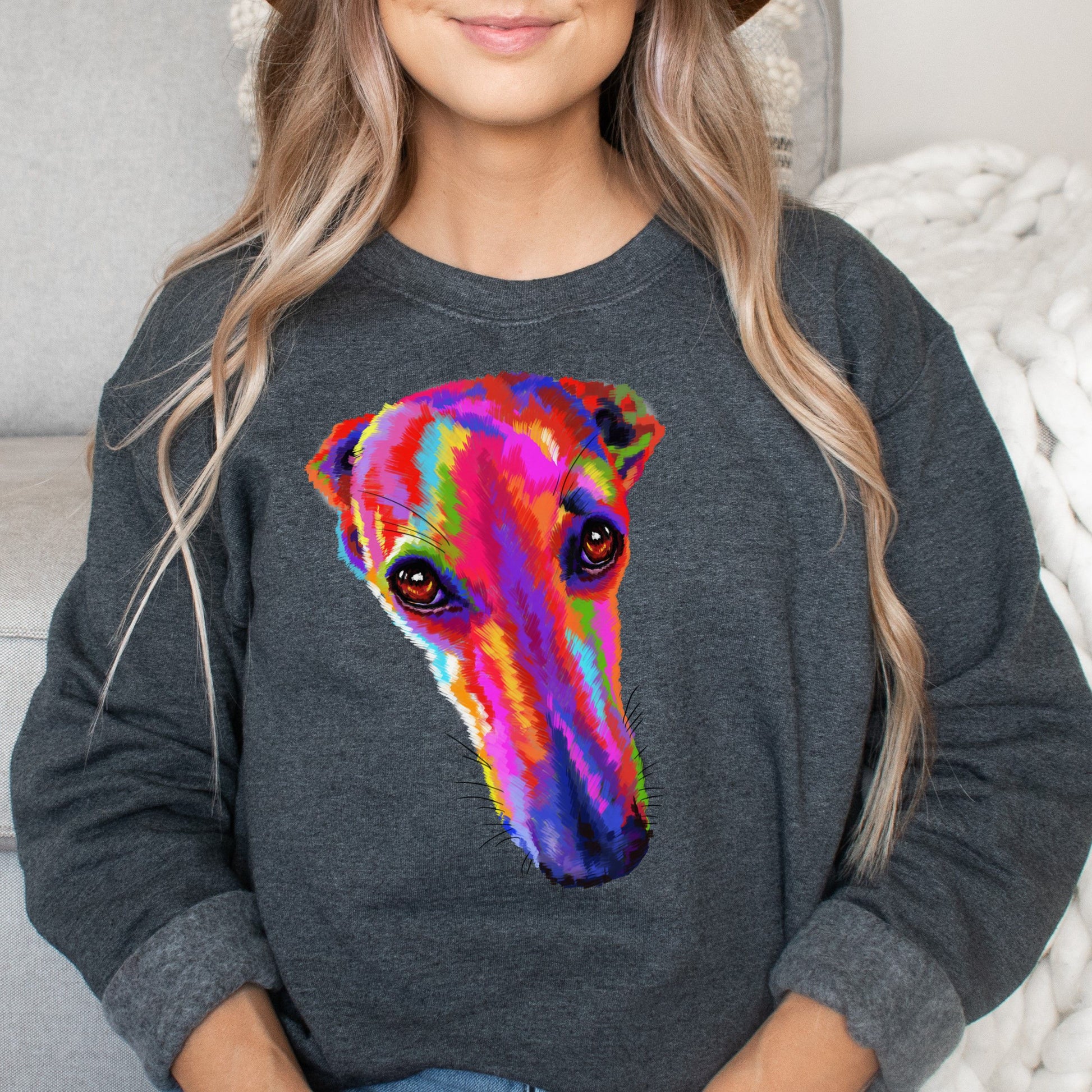 Neon pink and purple Splash Art Greyhound dog Unisex Crewneck Sweatshirt-Dark Heather-Family-Gift-Planet