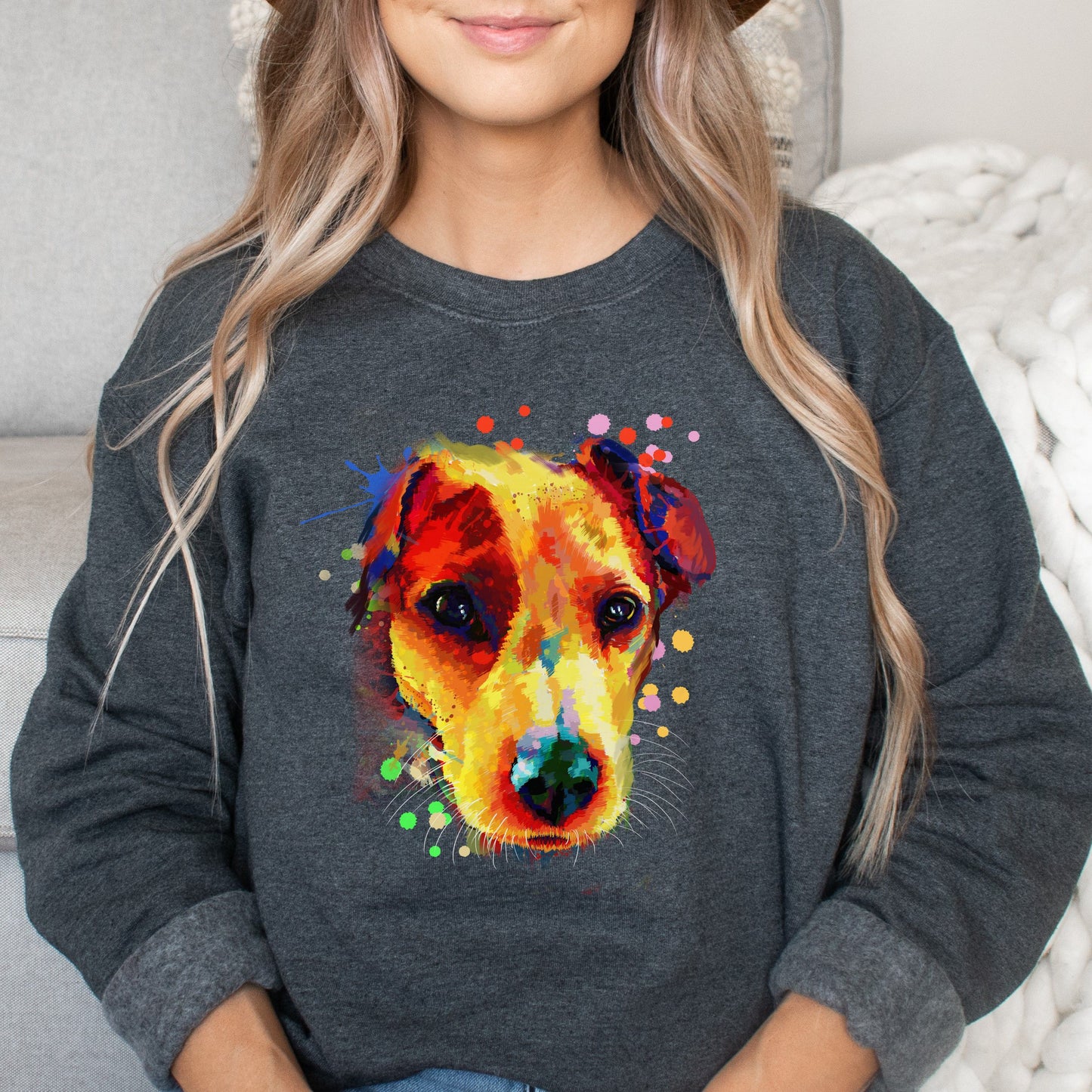 Artistic Jack Russell dog Unisex Crewneck Sweatshirt digital Art-Dark Heather-Family-Gift-Planet