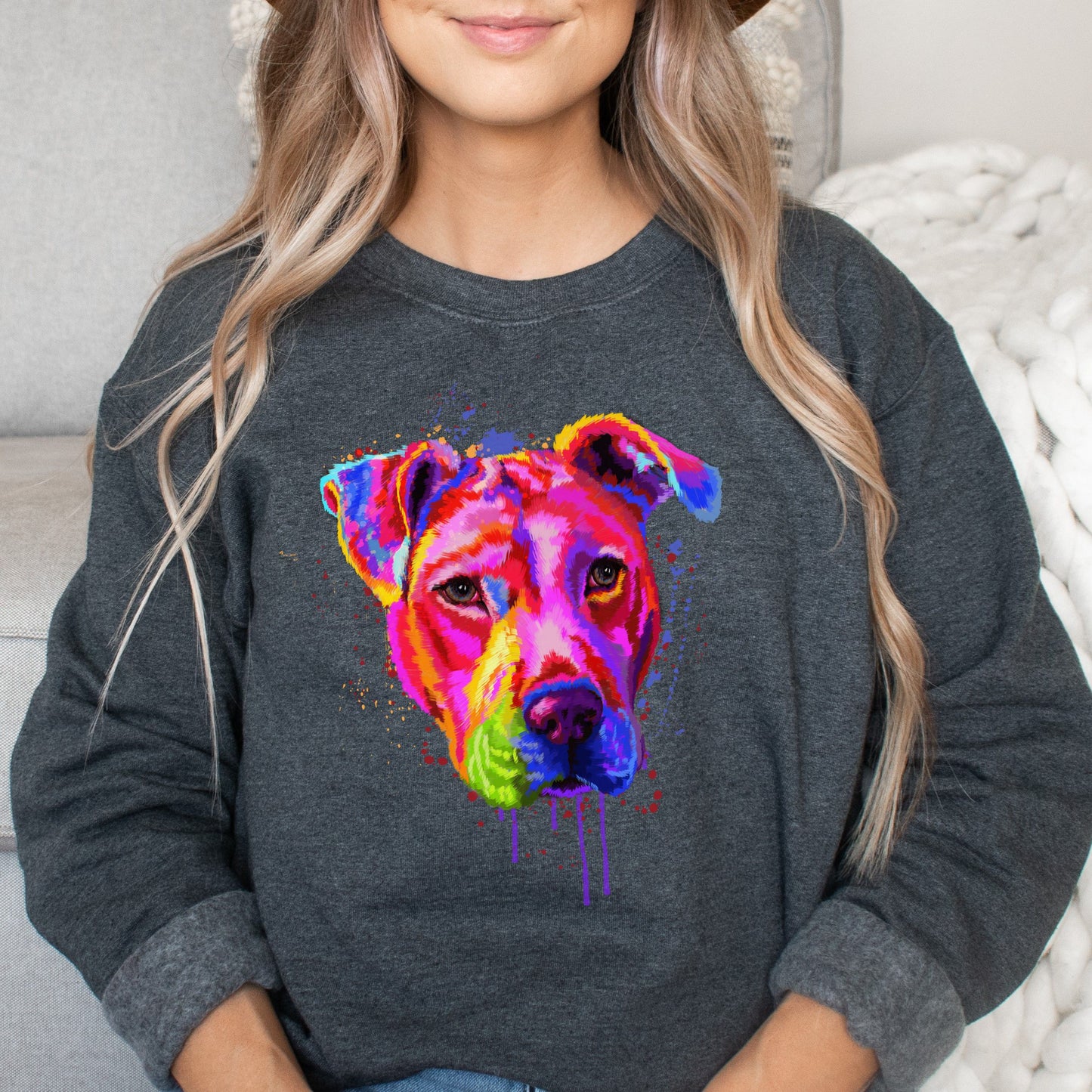 Splash colors Pitbull dog Unisex Crewneck Sweatshirt Abstract pet design-Dark Heather-Family-Gift-Planet
