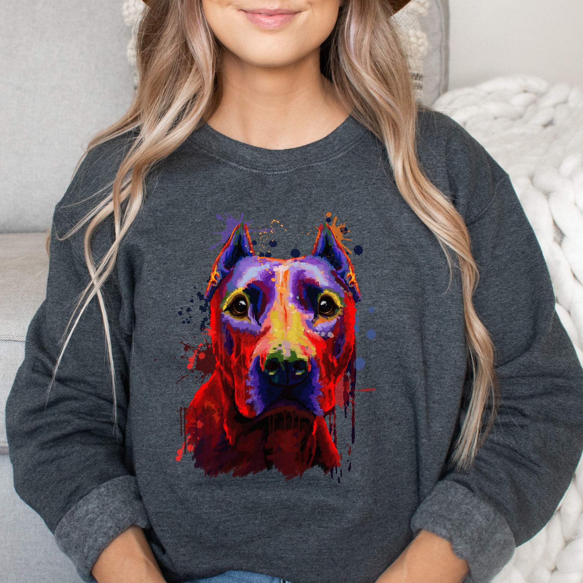 Abstract Pitbul dog Unisex Crewneck Sweatshirt with expressive splashes-Dark Heather-Family-Gift-Planet