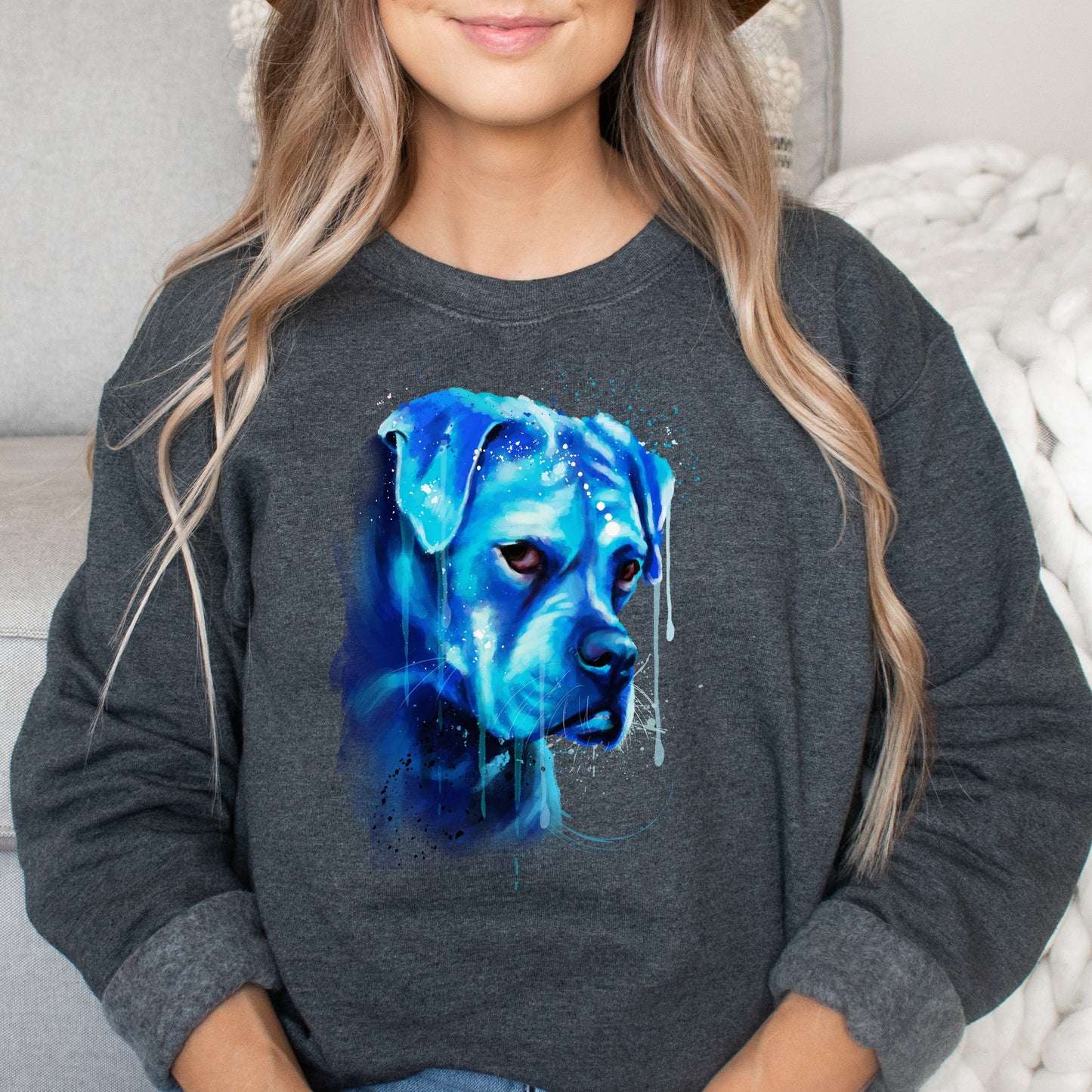Neon blue Splash Art Pitbull dog Unisex Crewneck Sweatshirt-Dark Heather-Family-Gift-Planet