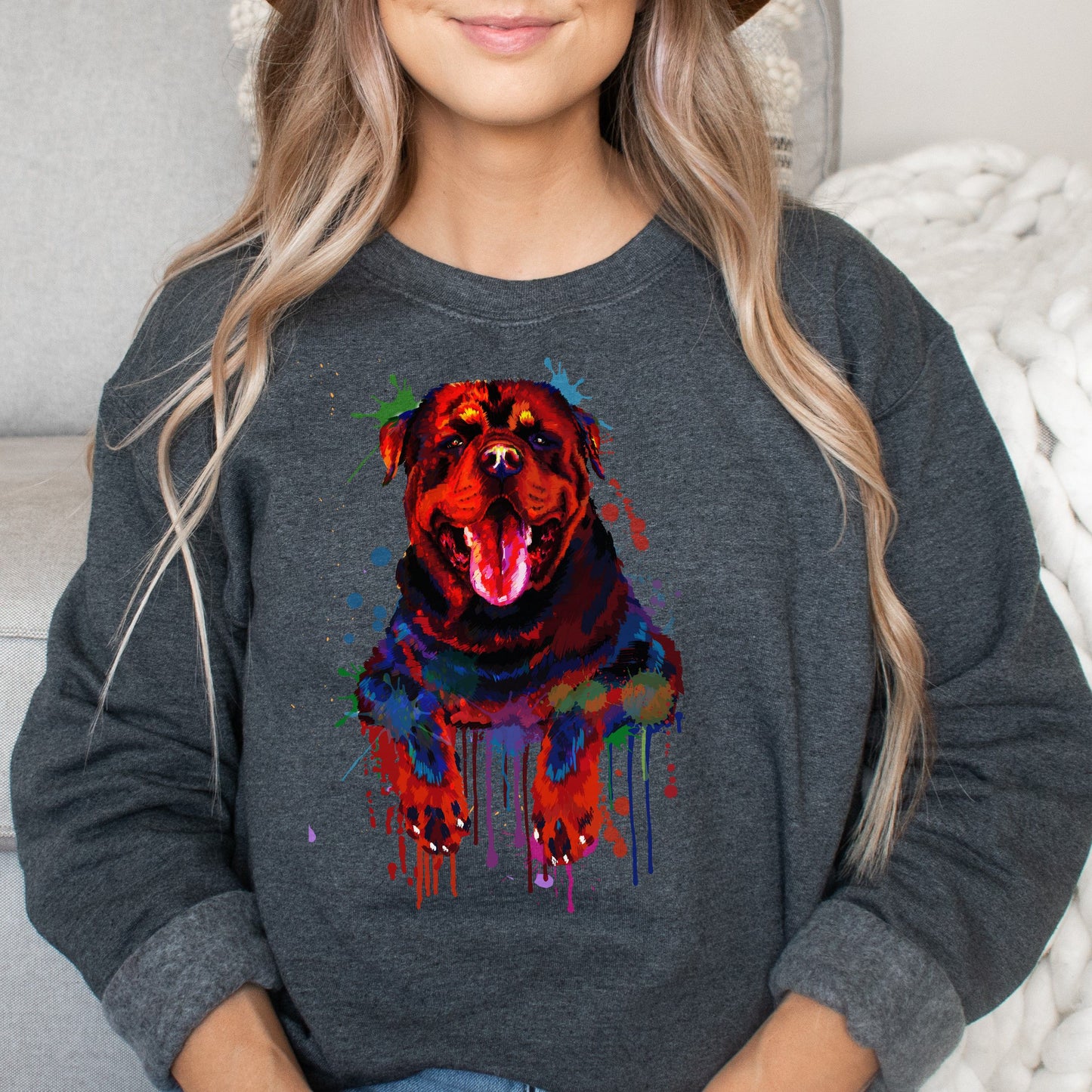 Abstract Rottweiler dog Unisex Crewneck Sweatshirt with expressive splashes-Dark Heather-Family-Gift-Planet