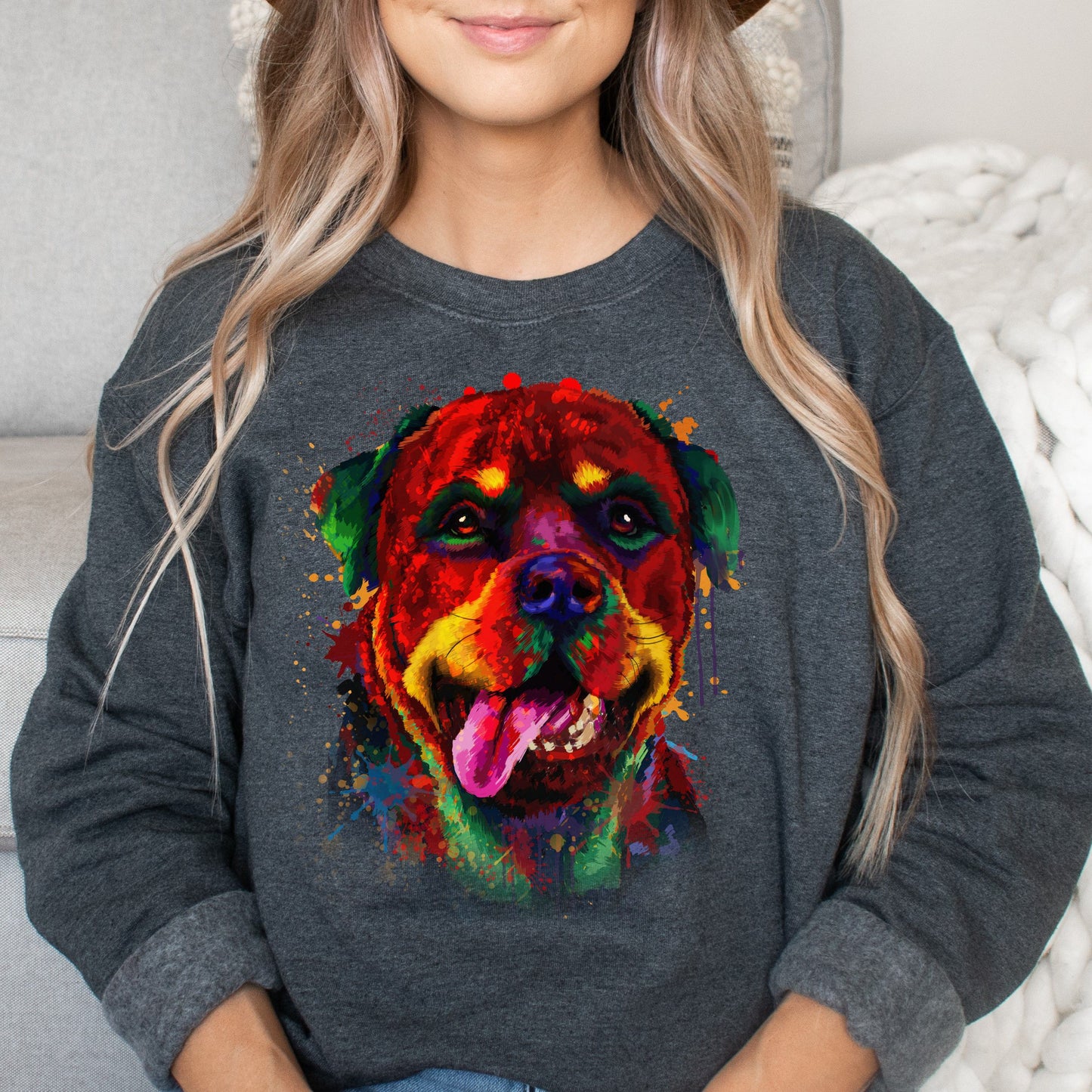 Artistic Rottweiler dog Unisex Crewneck Sweatshirt digital Art-Dark Heather-Family-Gift-Planet