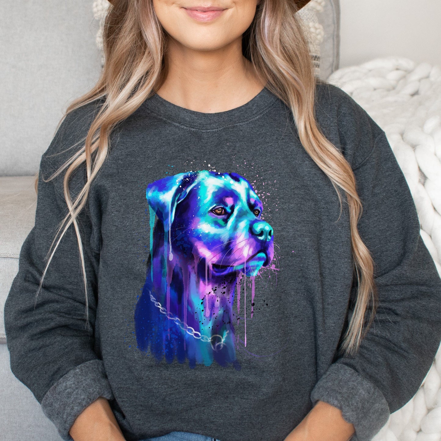 Neon blue Splash Art Rottweiler dog Unisex Crewneck Sweatshirt-Dark Heather-Family-Gift-Planet