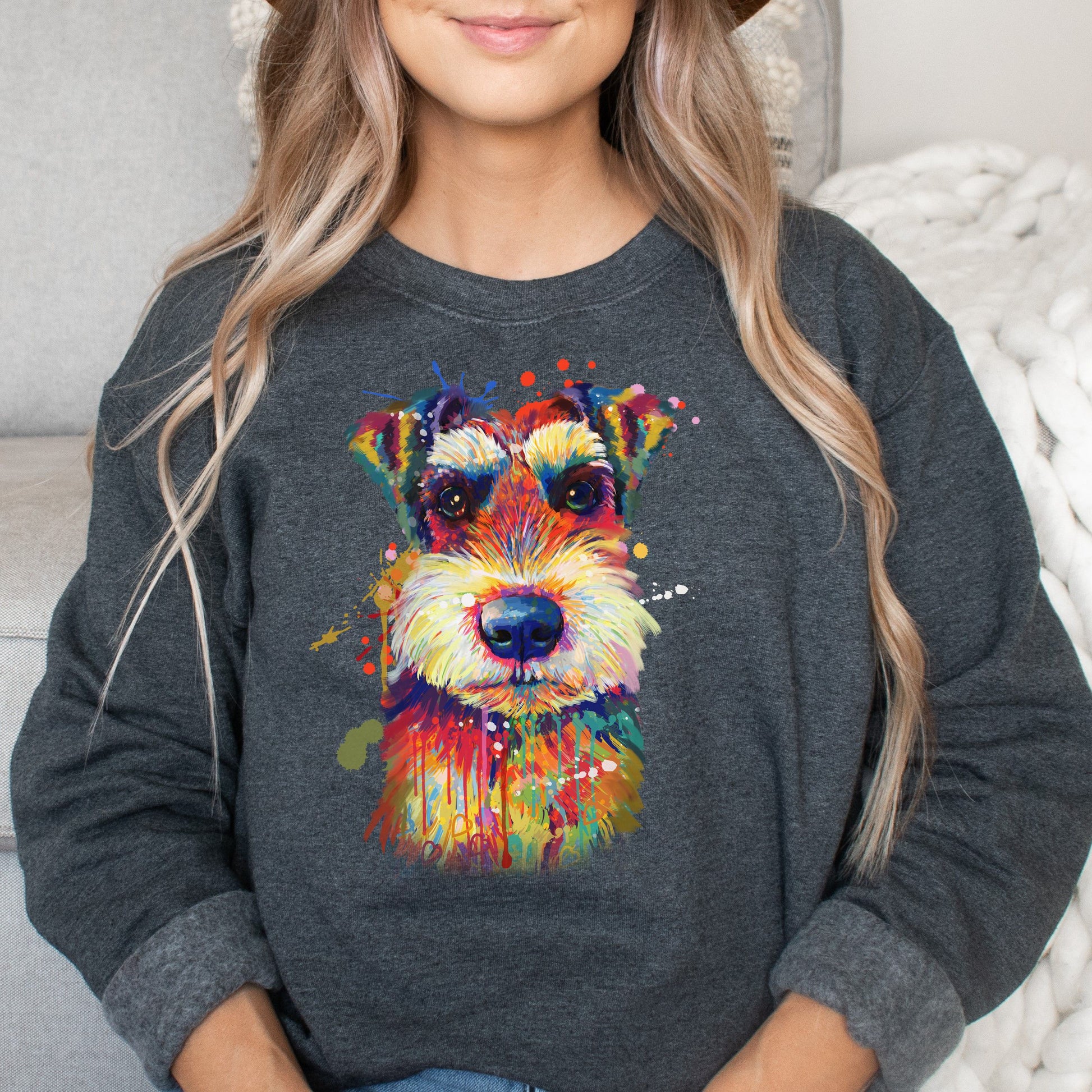 Abstract Schnauzer dog Unisex Crewneck Sweatshirt with expressive splashes-Dark Heather-Family-Gift-Planet