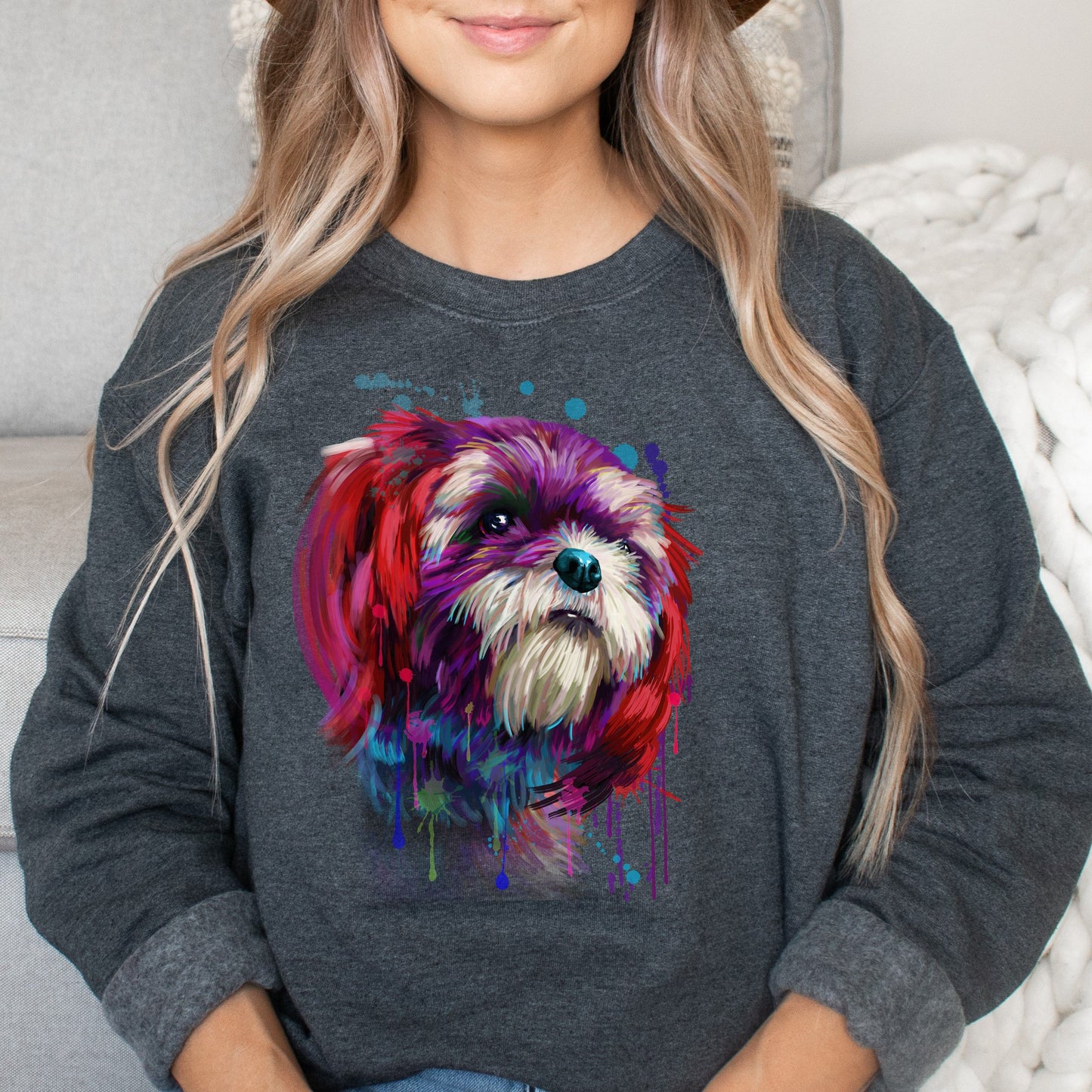 Artistic Shih Tzu dog Unisex Crewneck Sweatshirt digital Art-Dark Heather-Family-Gift-Planet