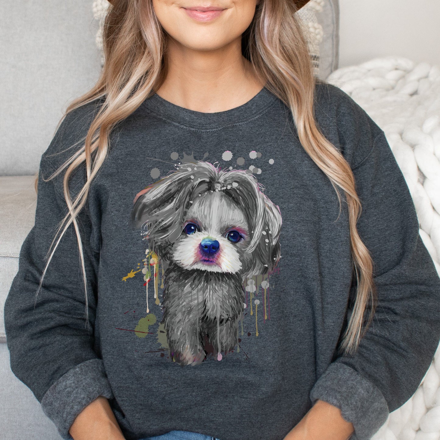 Abstract Shih Tzu dog Unisex Crewneck Sweatshirt with expressive splashes-Dark Heather-Family-Gift-Planet