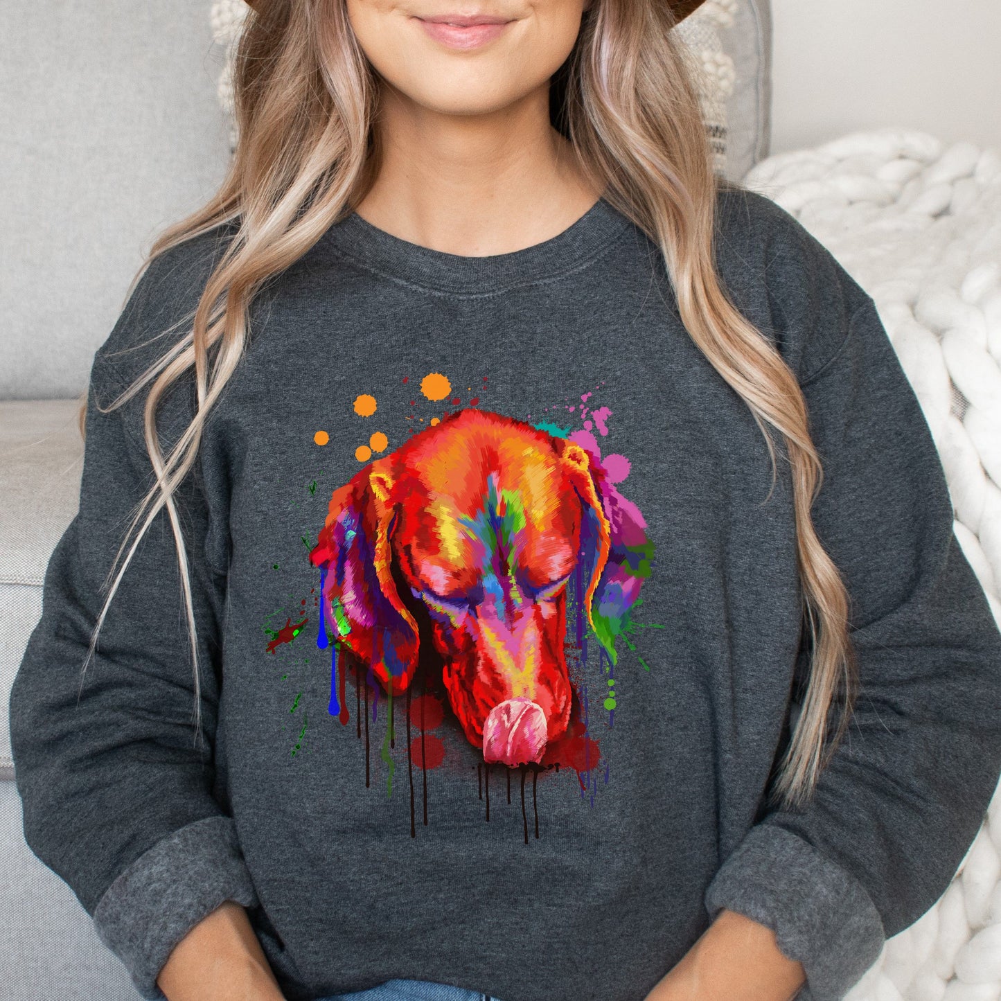 Cool Vibrant digital Vizsla dog Unisex Crewneck Sweatshirt-Dark Heather-Family-Gift-Planet