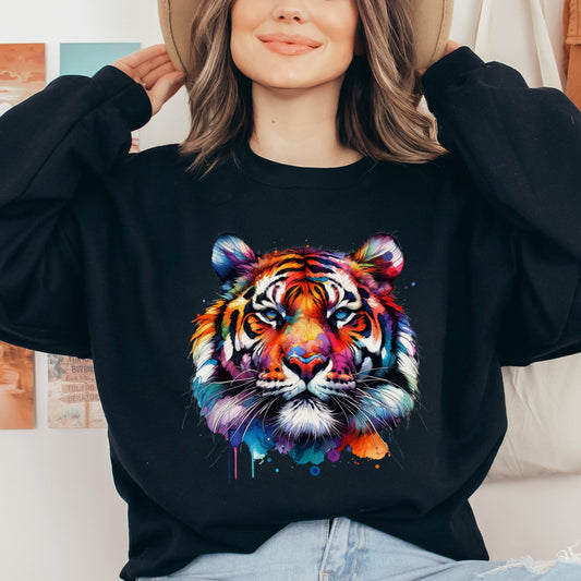 Bright colorful majestic tiger Color Splash Unisex Sweatshirt Black Navy Dark Heather-Black-Family-Gift-Planet