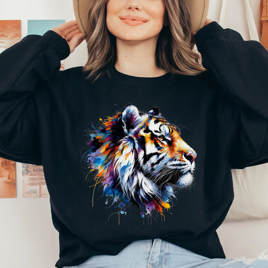 Handdrawn Trendy Tiger Color Splash Unisex Sweatshirt Black Navy Dark Heather-Black-Family-Gift-Planet