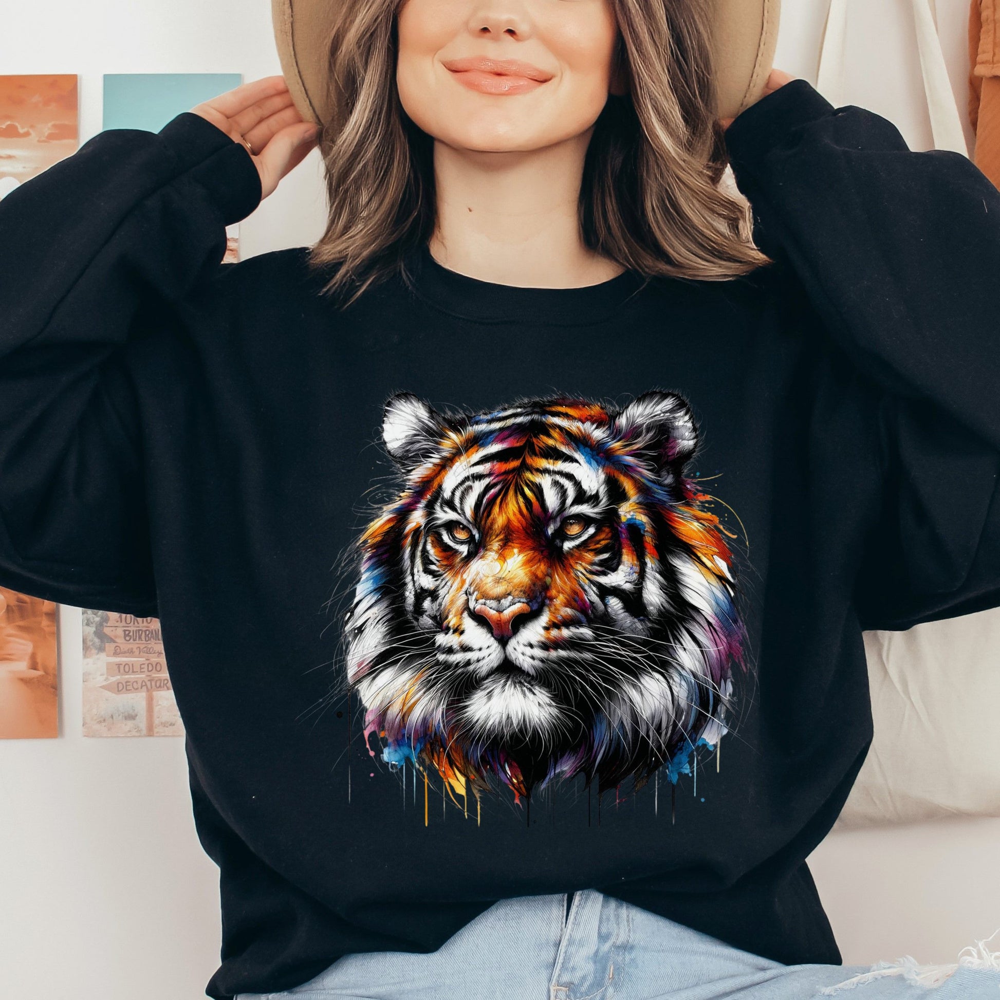 Vibrant Tiger Unisex Sweatshirt Animal lover crewneck Black Navy Dark Heather-Black-Family-Gift-Planet