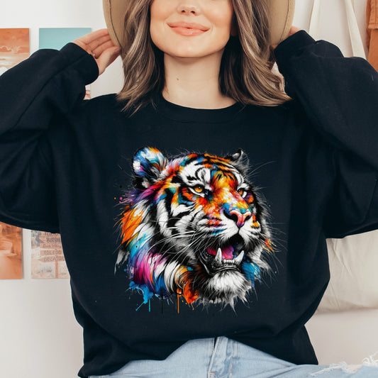 Abstract Tiger Color Splash Unisex Sweatshirt Black Navy Dark Heather-Black-Family-Gift-Planet