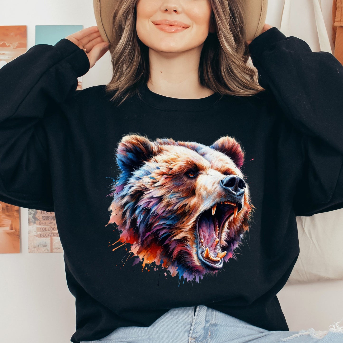 Growling Bear Color Splash Unisex Sweatshirt Black Navy Dark Heather-Black-Family-Gift-Planet