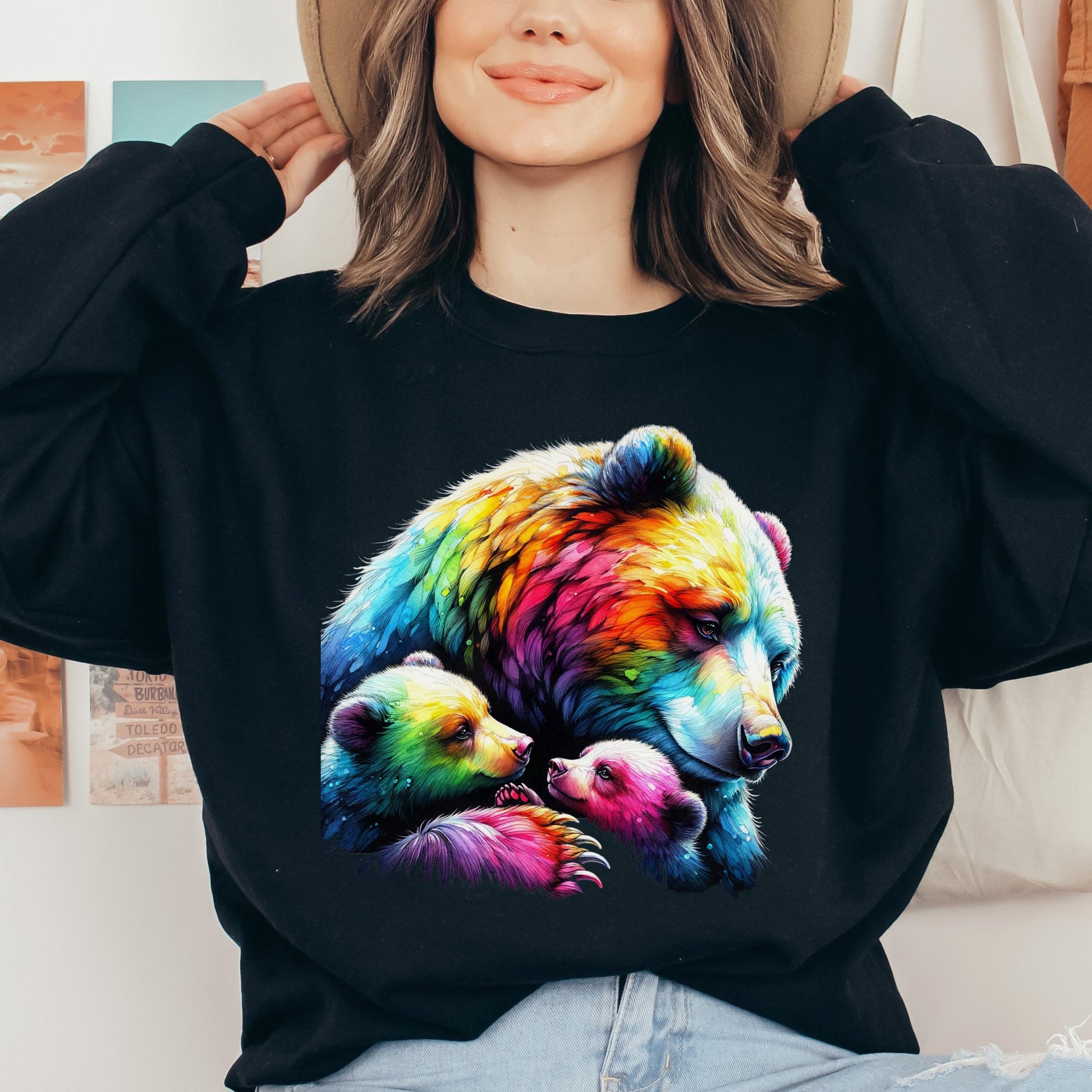 Mama Bear Mom of two Colorful Unisex Sweatshirt Black Navy Dark Heather-Black-Family-Gift-Planet