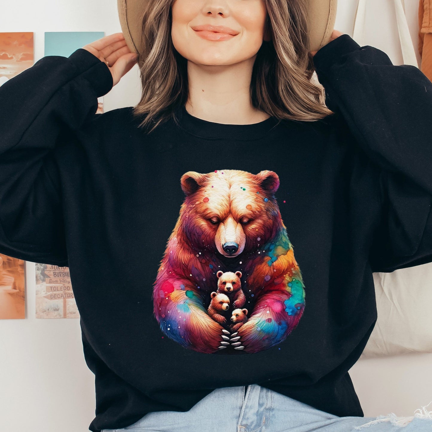 Mama Bear Mom of three Color Splash Unisex Sweatshirt Black Navy Dark Heather-Black-Family-Gift-Planet