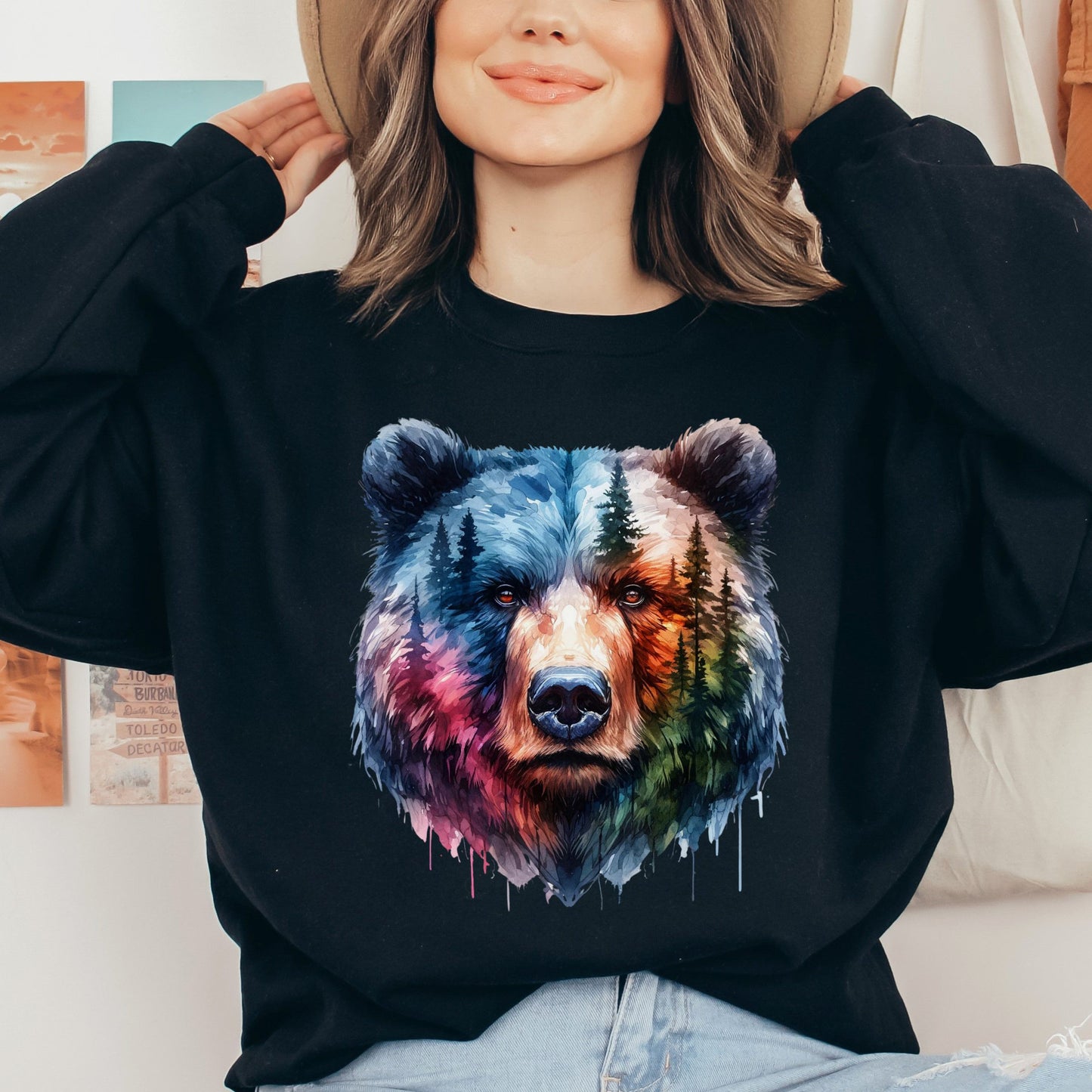 Grizzly and Forest Watercolor Unisex Sweatshirt Black Navy Dark Heather-Black-Family-Gift-Planet