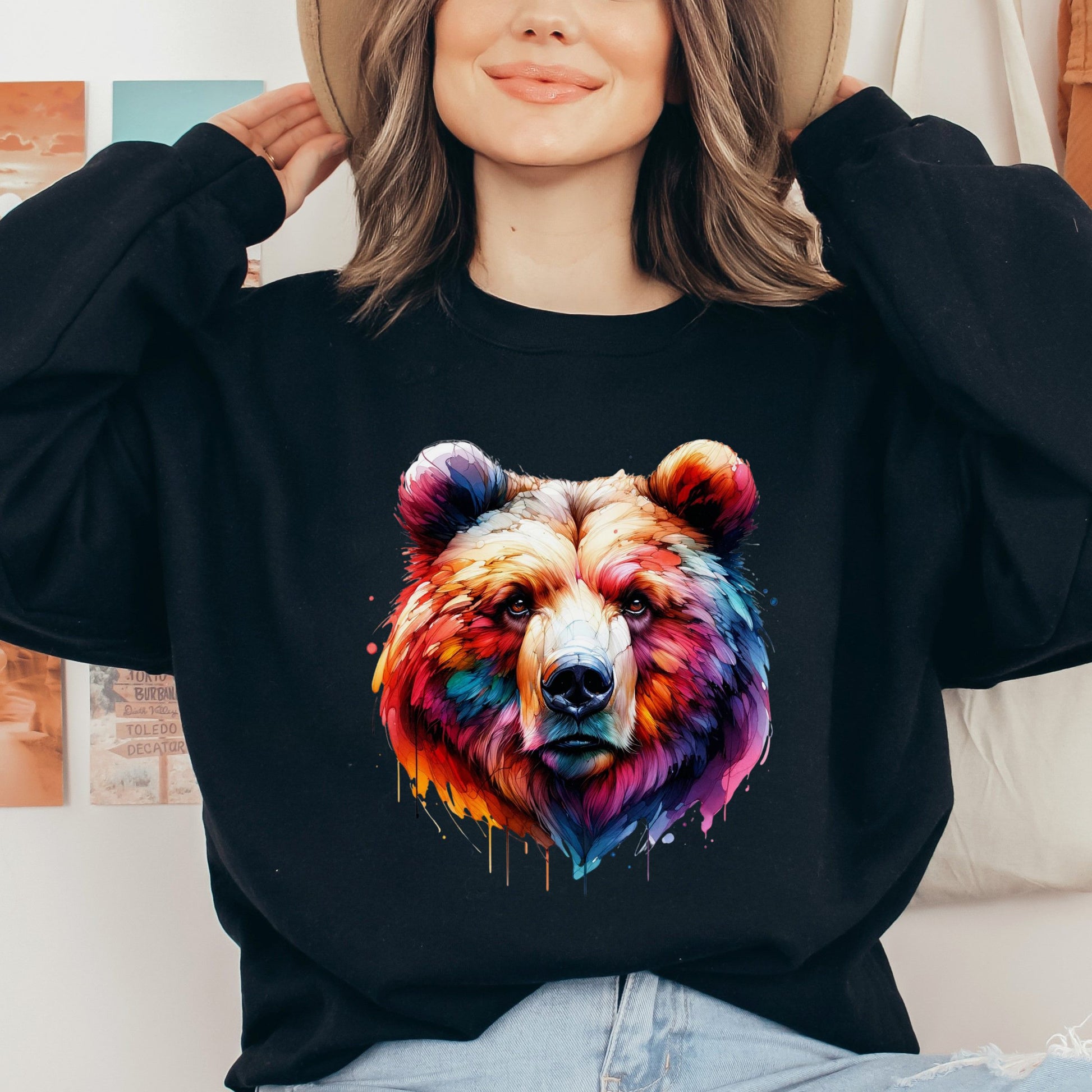 Papa bear colorful Color Splash Unisex Sweatshirt Black Navy Dark Heather-Black-Family-Gift-Planet