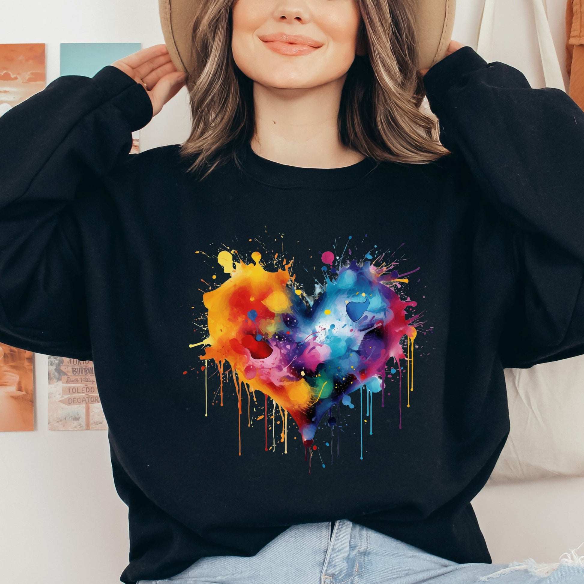 Artistic Heart Color Splash Unisex Sweatshirt Black Navy Dark Heather-Black-Family-Gift-Planet