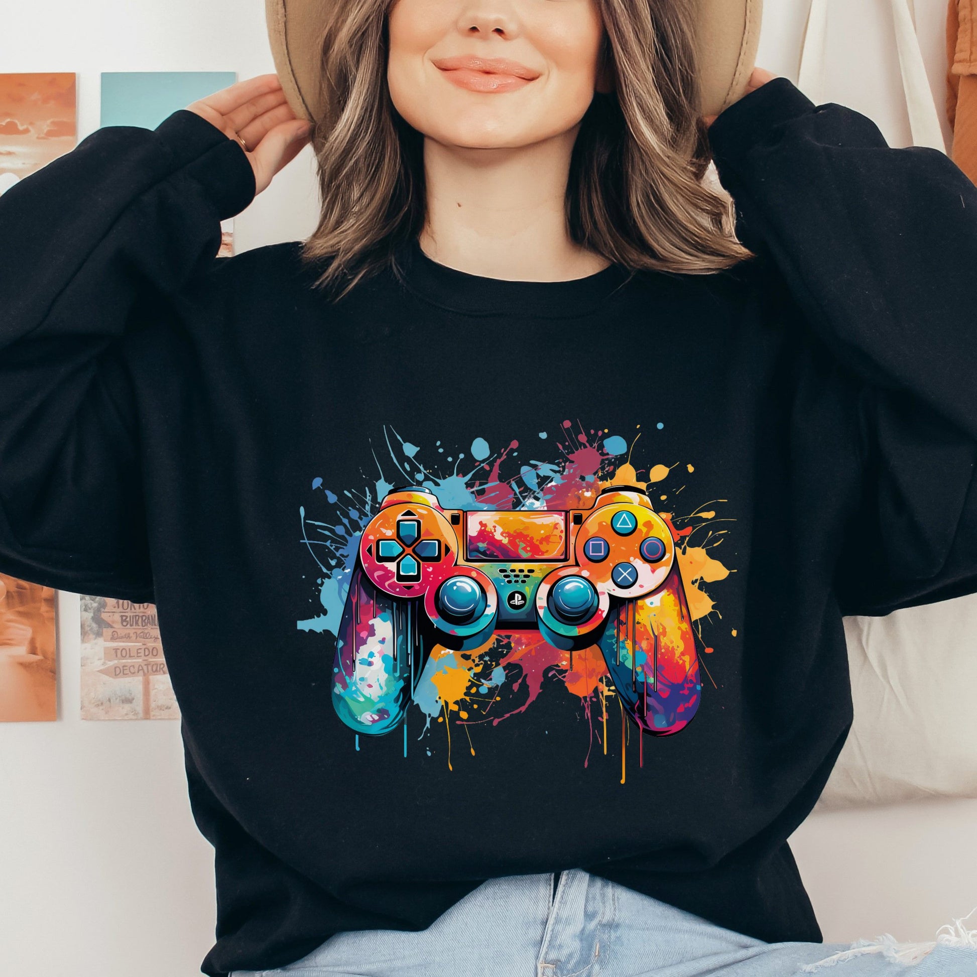 Game console Color Splash Unisex Sweatshirt Black Navy Dark Heather-Black-Family-Gift-Planet