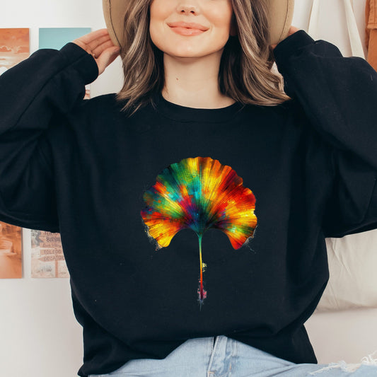 Colorful Ginkgo Leaf Color Splash Unisex Sweatshirt Black Navy Dark Heather-Black-Family-Gift-Planet