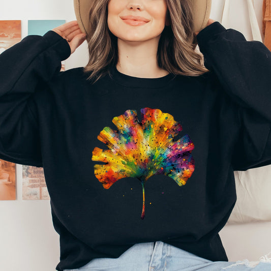 Cool Ginkgo Leaf Color Splash Unisex Sweatshirt Black Navy Dark Heather-Black-Family-Gift-Planet