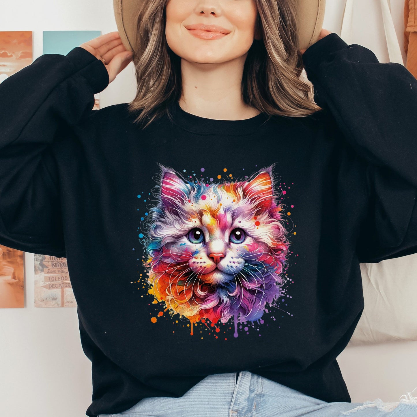 American Curl Cat Color Splash Unisex Sweatshirt Black Navy Dark Heather-Black-Family-Gift-Planet