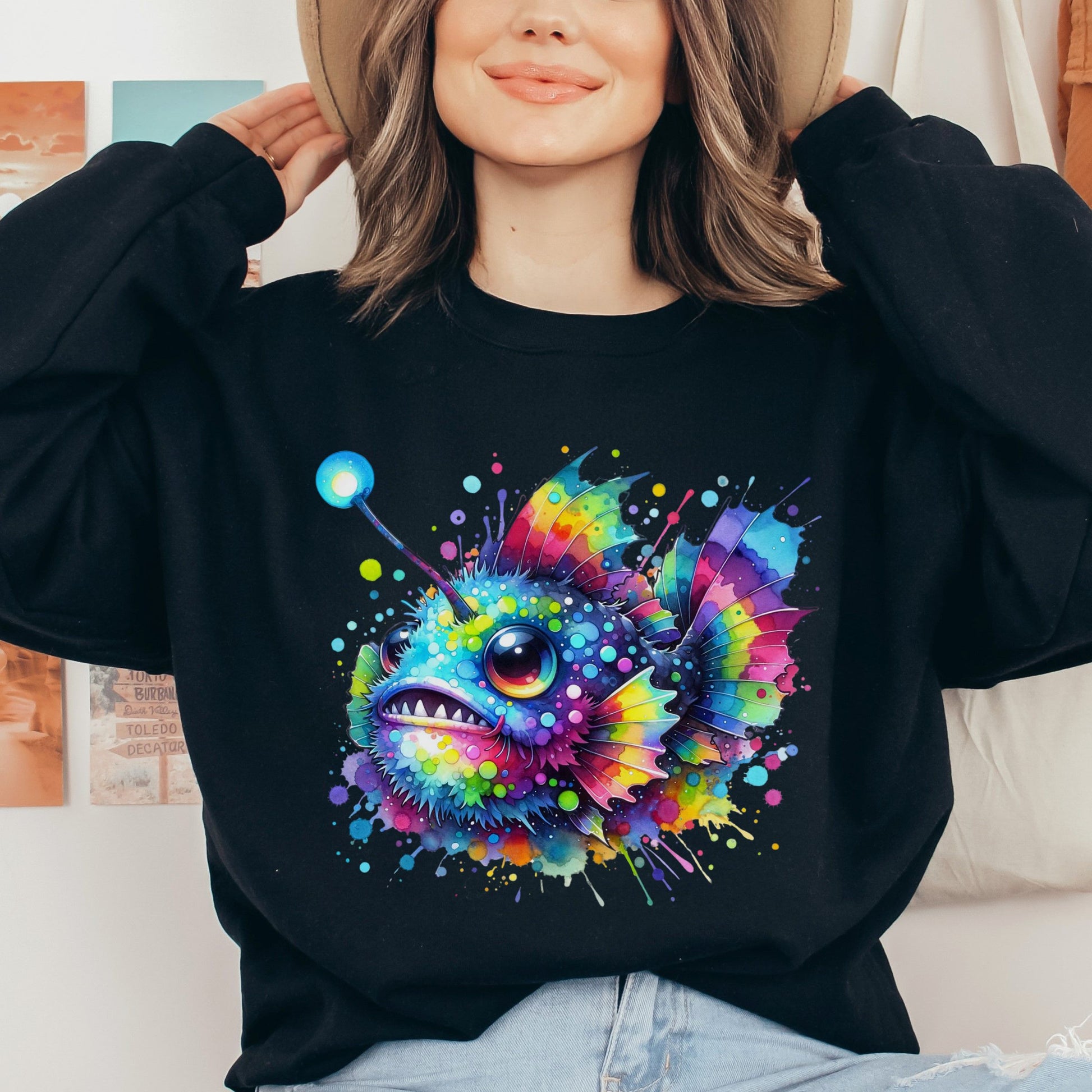 Anglerfish lover Color Splash Unisex Sweatshirt Black Navy Dark Heather-Black-Family-Gift-Planet