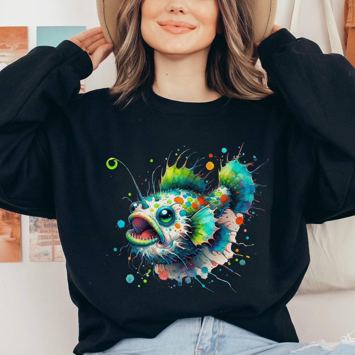 Artistic Anglerfish deep fish Color Splash Unisex Sweatshirt Black Navy Dark Heather-Family-Gift-Planet