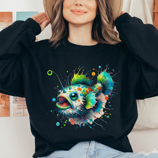 Artistic Anglerfish deep fish Color Splash Unisex Sweatshirt Black Navy Dark Heather-Black-Family-Gift-Planet