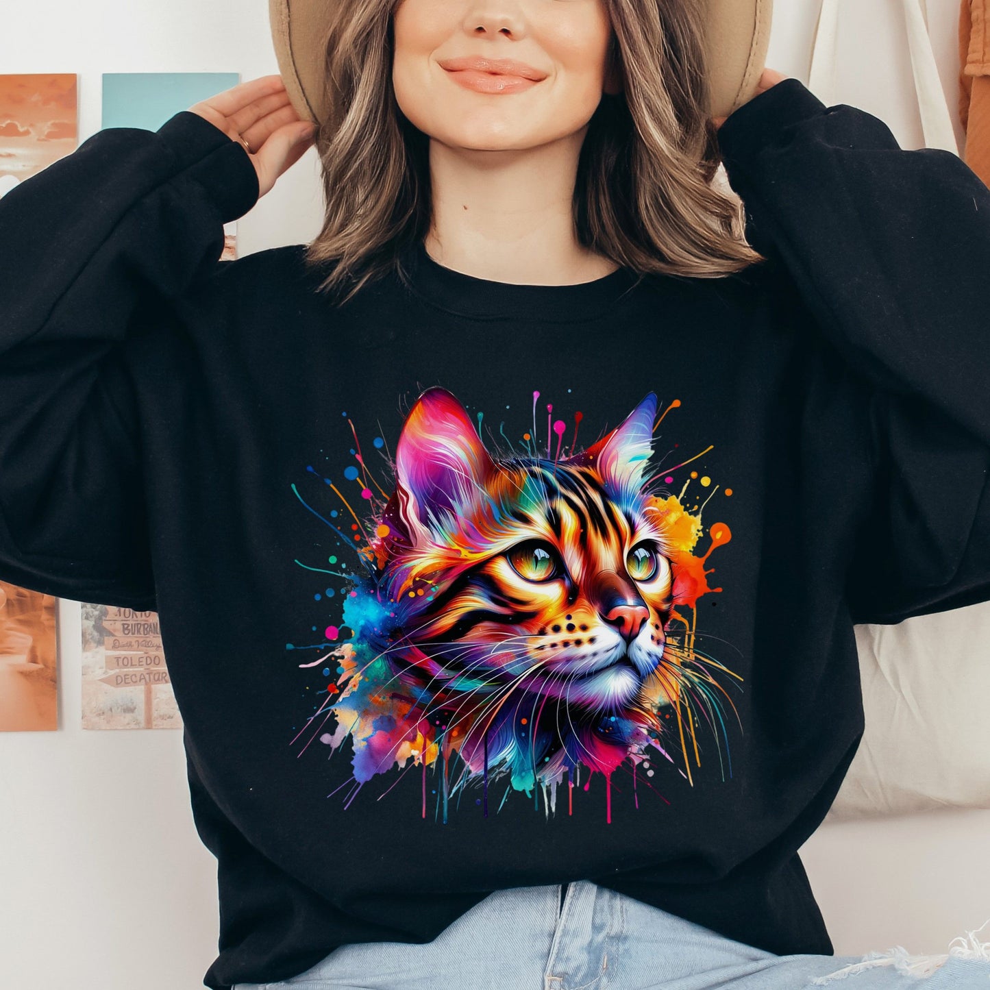 Bengal Cat mama Color Splash Unisex Sweatshirt Black Navy Dark Heather-Black-Family-Gift-Planet