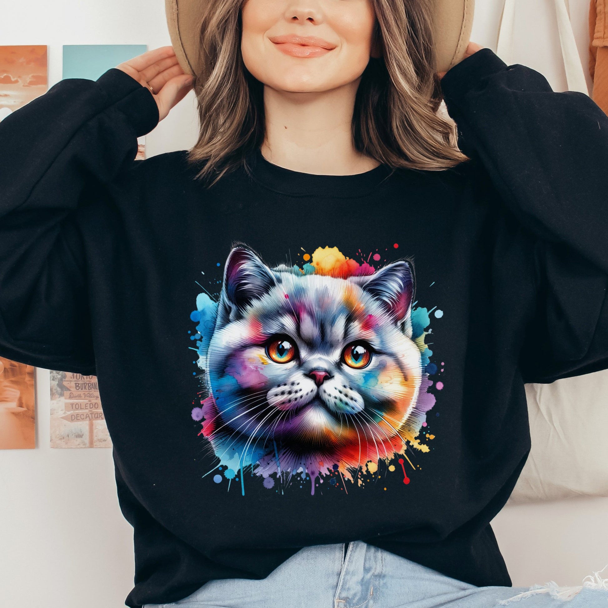 British shorthair Cat Color Splash Unisex Sweatshirt Black Navy Dark Heather-Black-Family-Gift-Planet