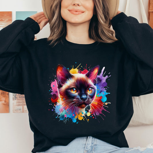 Burmese Cat Color Splash Unisex Sweatshirt Black Navy Dark Heather-Black-Family-Gift-Planet