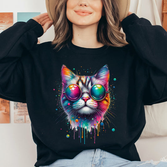 Cat with colorful eyeglasses Color Splash Unisex Sweatshirt-Black-Family-Gift-Planet