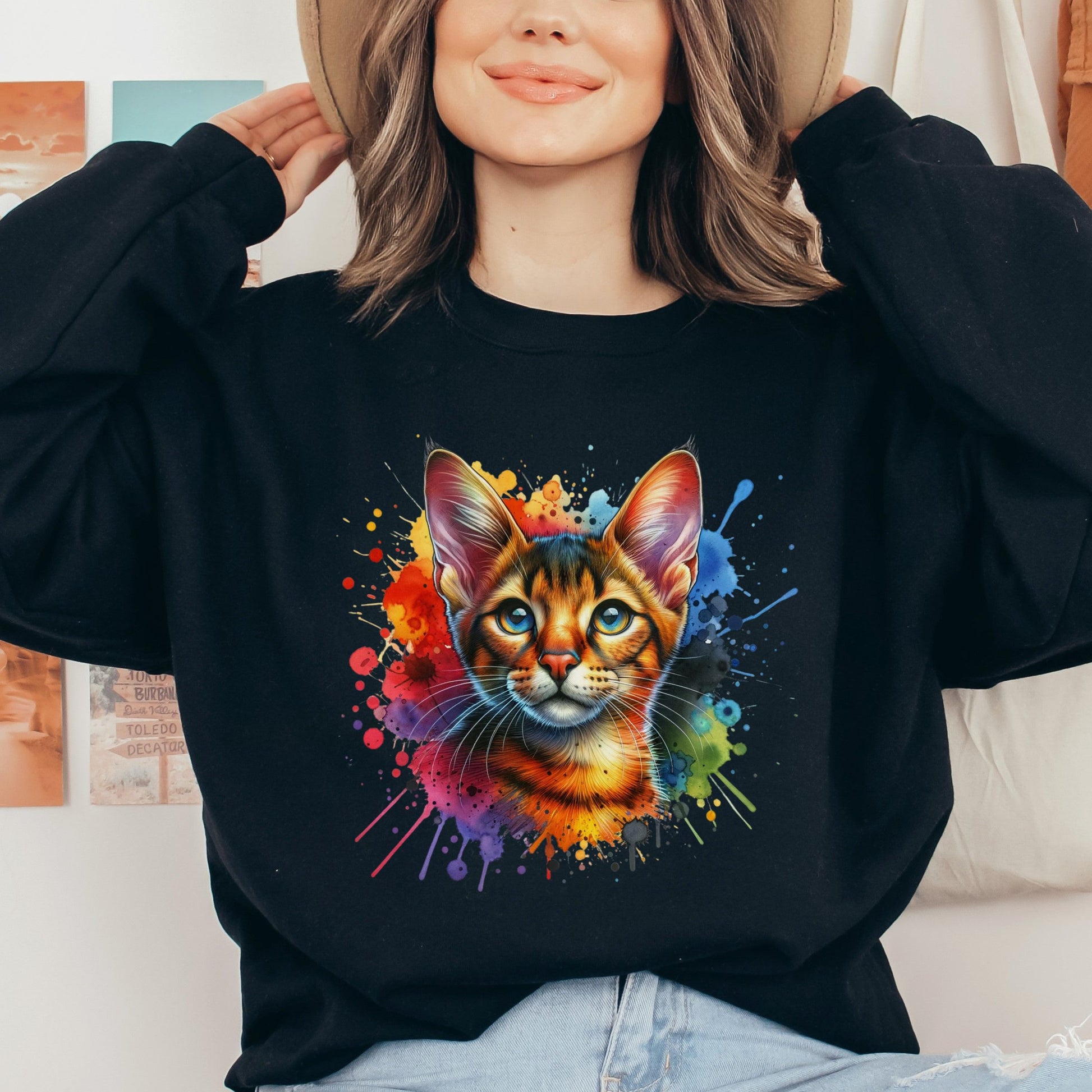 Chausie Cat Color Splash Unisex Sweatshirt Black Navy Dark Heather-Black-Family-Gift-Planet