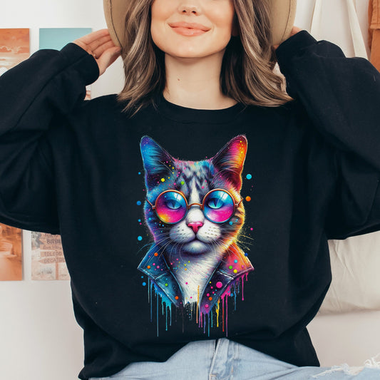 Cool cat with eyeglasses Color Splash Unisex Sweatshirt Black Navy Dark Heather-Black-Family-Gift-Planet