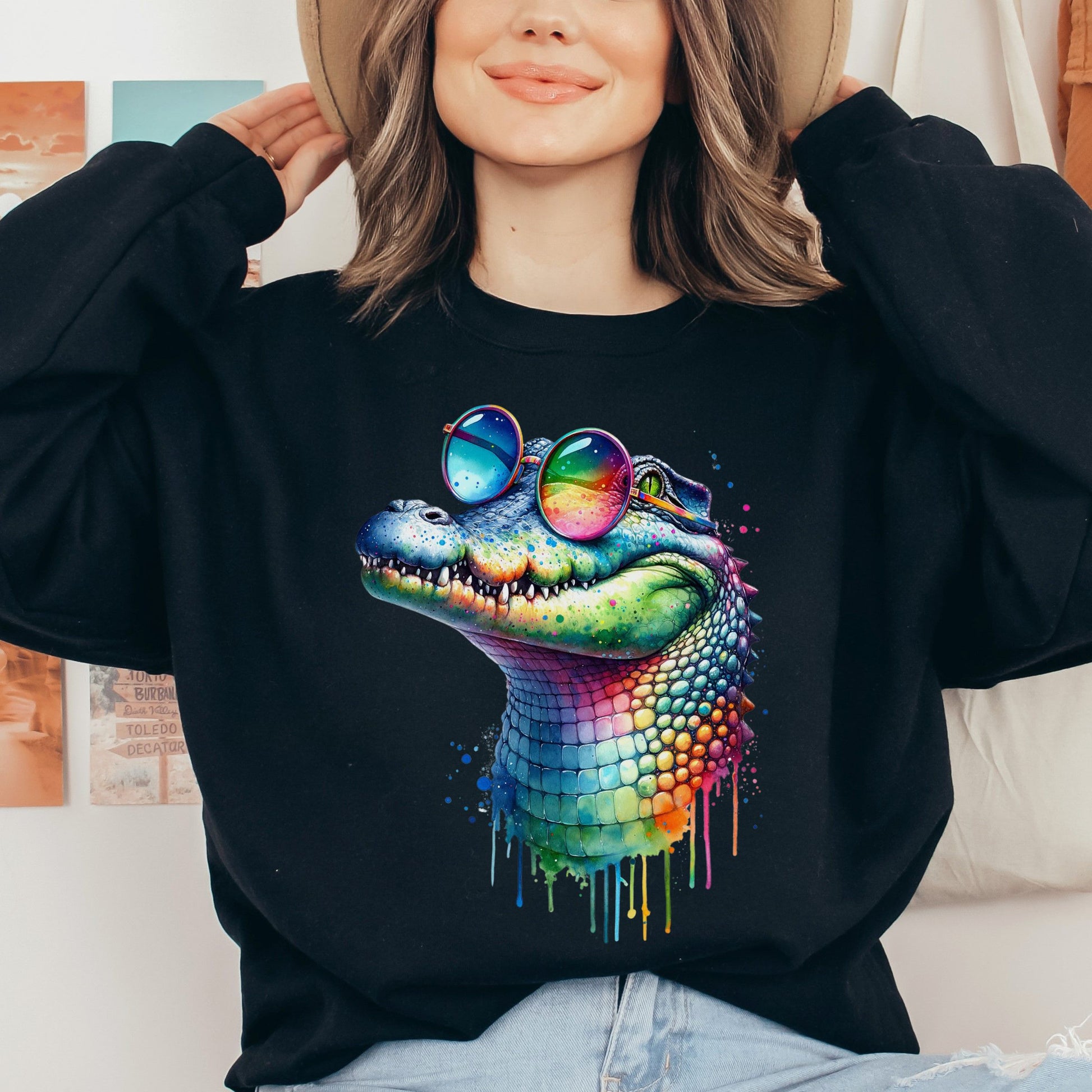 Cool crocodile with eyeglasses Color Splash Unisex Sweatshirt-Family-Gift-Planet
