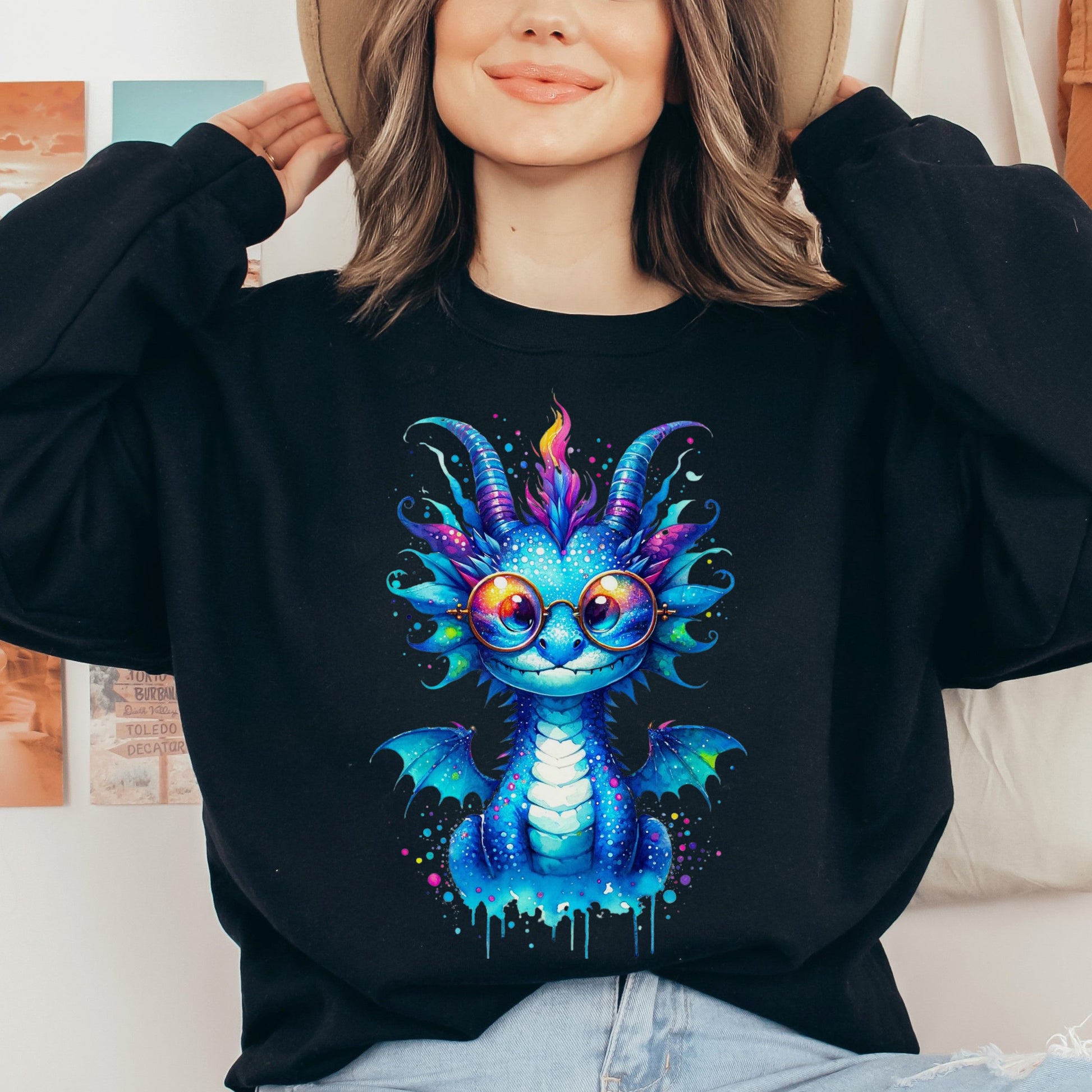 Cool cute Blue dragon 2024 Color Splash Unisex Sweatshirt Black Navy Dark Heather-Family-Gift-Planet