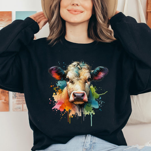 Cow Color Splash Unisex Sweatshirt Black Navy Dark Heather-Black-Family-Gift-Planet