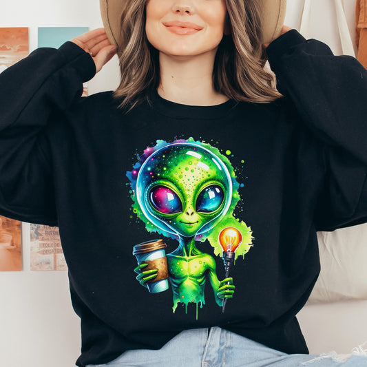 Cute alien with coffee Color Splash Unisex Sweatshirt Black Navy Dark Heather-Black-Family-Gift-Planet