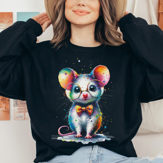 Cute inteligent mouse with glasses Color Splash Unisex Sweatshirt-Black-Family-Gift-Planet