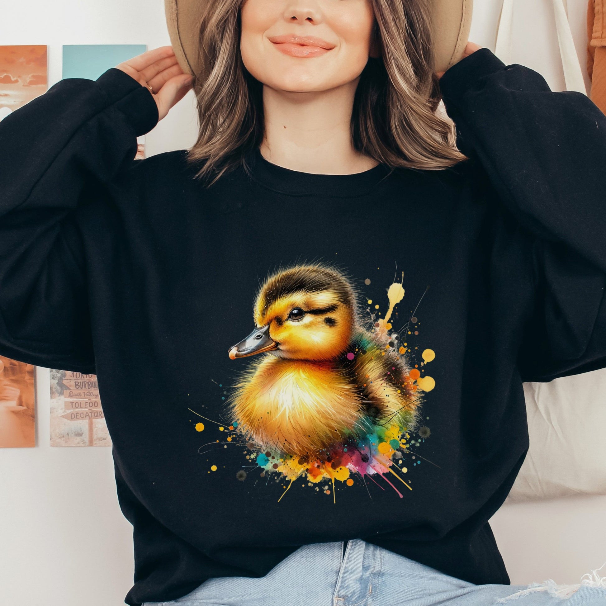 Artistic Duckling Color Splash Unisex Sweatshirt baby duck Black Navy Dark Heather-Family-Gift-Planet