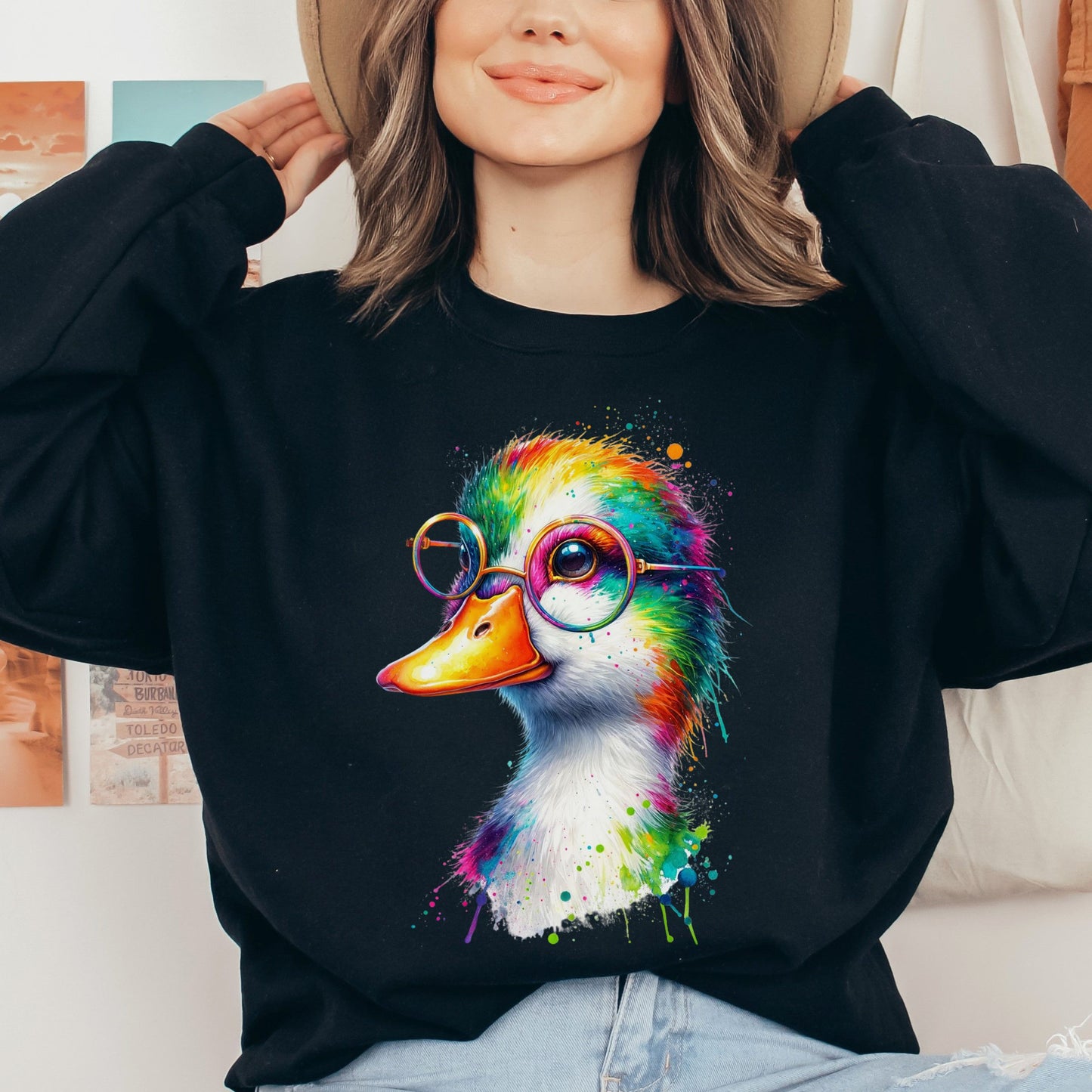 Duck with Eyeglasses Color Splash Unisex Sweatshirt Black Navy Dark Heather-Family-Gift-Planet