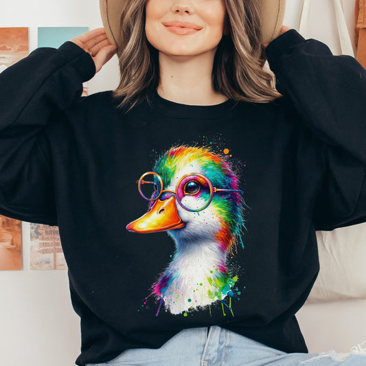 Duck with Eyeglasses Color Splash Unisex Sweatshirt Black Navy Dark Heather-Black-Family-Gift-Planet
