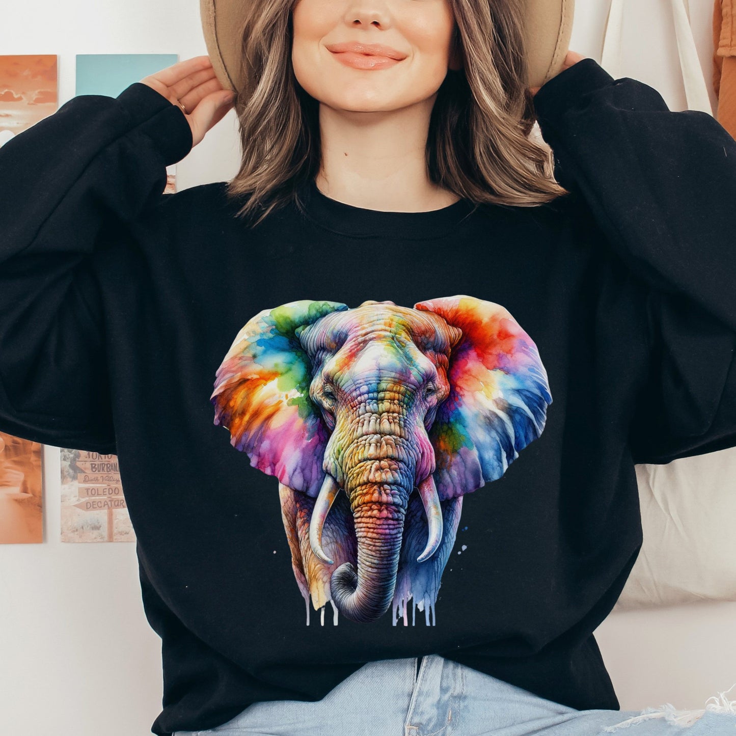 Artistic Elephant Color Splash Unisex Sweatshirt Black Navy Dark Heather-Family-Gift-Planet