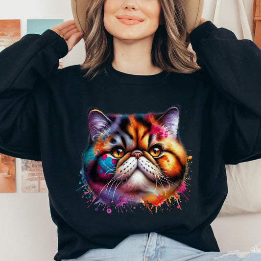 Exotic Shorthair Cat Color Splash Unisex Sweatshirt Black Navy Dark Heather-Black-Family-Gift-Planet