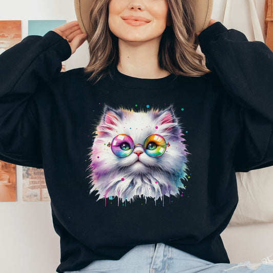 Fluffy kitten with glasses Color Splash Unisex Sweatshirt Black Navy Dark Heather-Black-Family-Gift-Planet