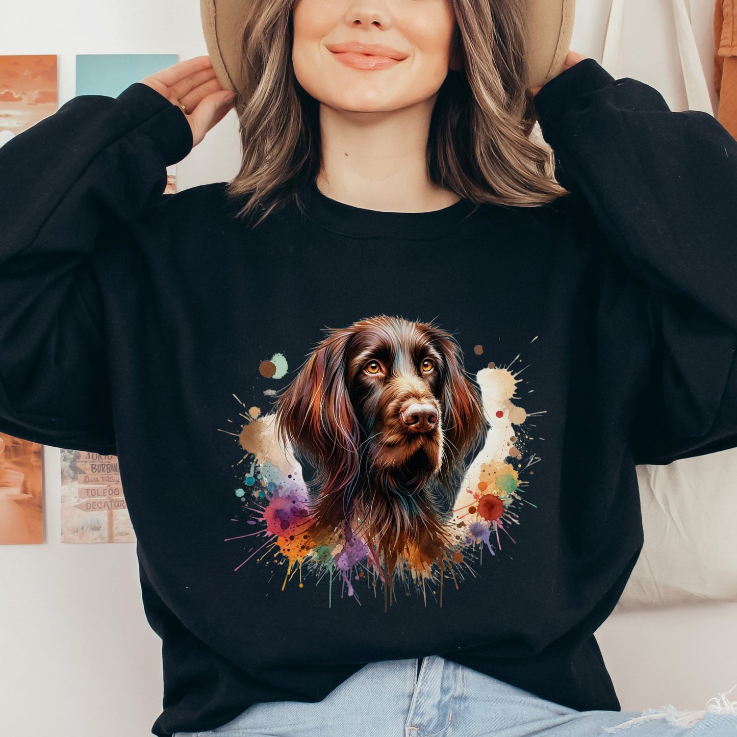 Artistic German Longhaired Pointer Color Splash Unisex Sweatshirt Black Navy Dark Heather-Family-Gift-Planet