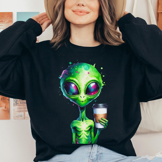 Green alien with tall coffee Color Splash Unisex Sweatshirt Black Navy Dark Heather-Black-Family-Gift-Planet