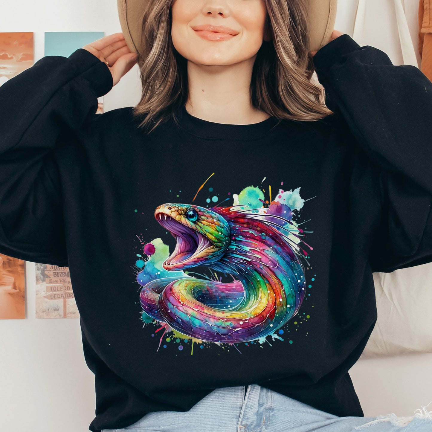 Artistic Gulper Eel Color Splash Unisex Sweatshirt Black Navy Dark Heather-Black-Family-Gift-Planet