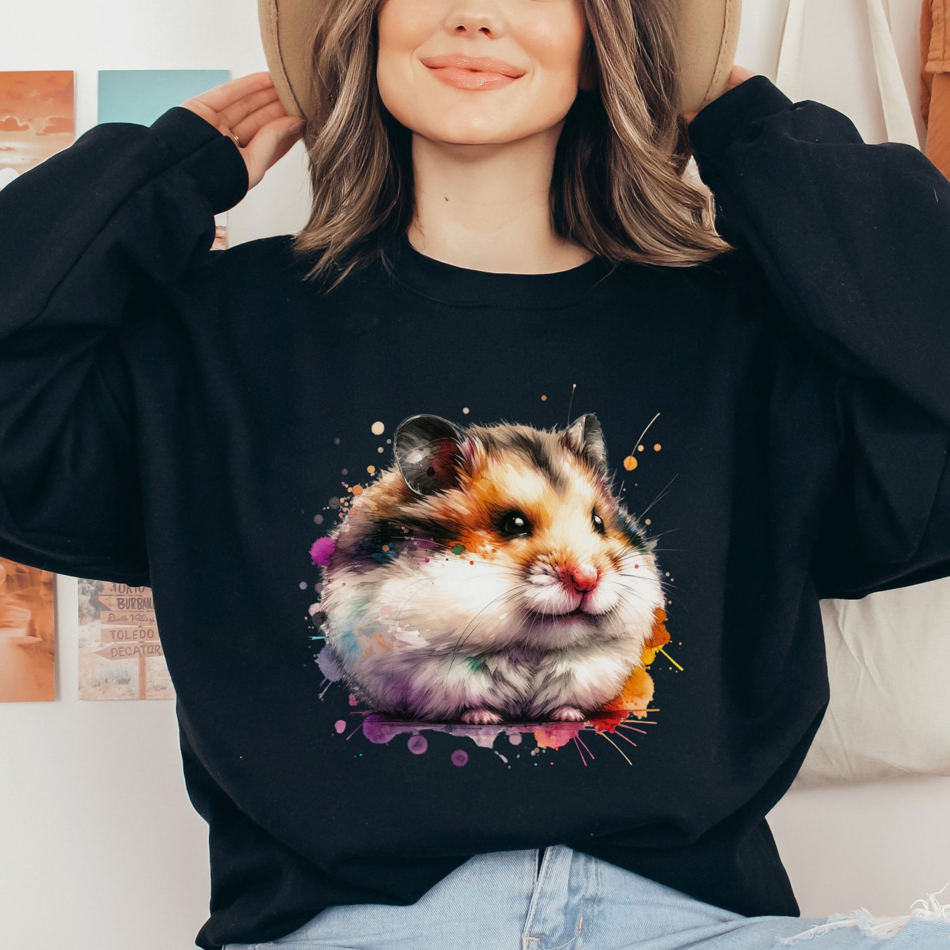 Hamster Color Splash Unisex Sweatshirt Black Navy Dark Heather-Black-Family-Gift-Planet